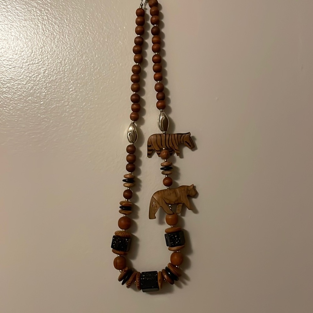 Vintage 1980 Wooden Bead  Necklace with Carved Wooden Animals Tribal